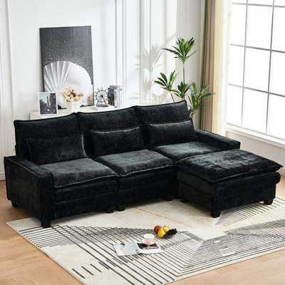 99'' Black Chenille L-Shaped Sectional For Living Room, 4 Seats With Movable , Medium-Soft Seat, Cloud Comfort, Dual-Layer Seat Foam And Springs, Solid Wood Frame Stability Sectional, Chenille,