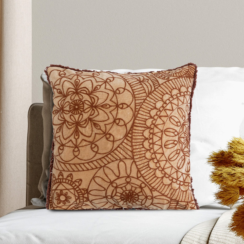 20'' Square Embroidered Cotton Velvet Pillow with Fringe