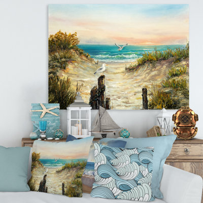 Dunes de l'océan pendant un coucher de soleil rose - peinture sur toile