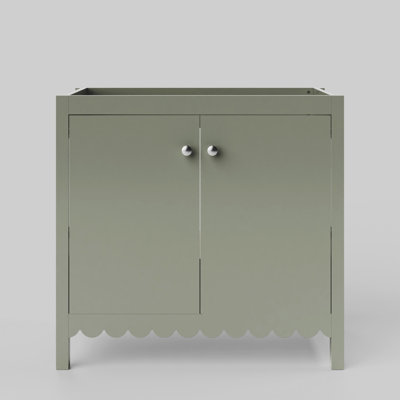 Scalloped 36 Inch Single Bowl Vanity - Olive Satin - No Top - Brushed Nickel Knobs