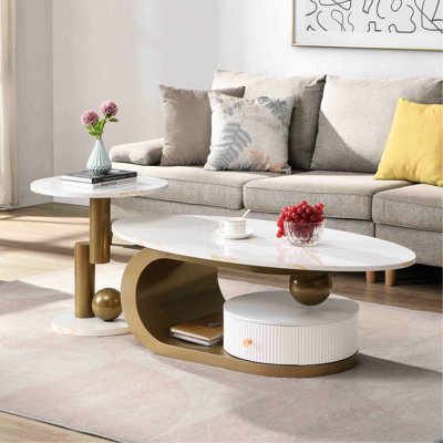 Table basse moderne moderne de 2 personnes - Tables ovales et rondes de salon avec support en métal, tiroir en faux marbre et plastique facile à assembler