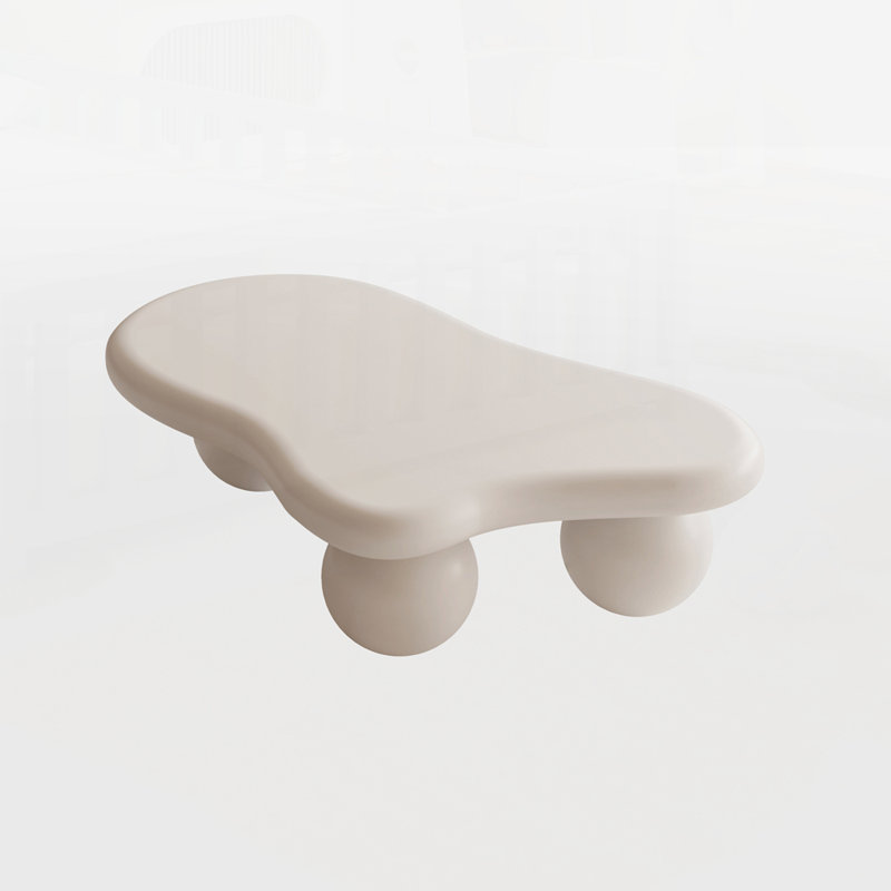 Cloud Shaped Coffee Table with 3 Ball Legs for Living Room, White/White