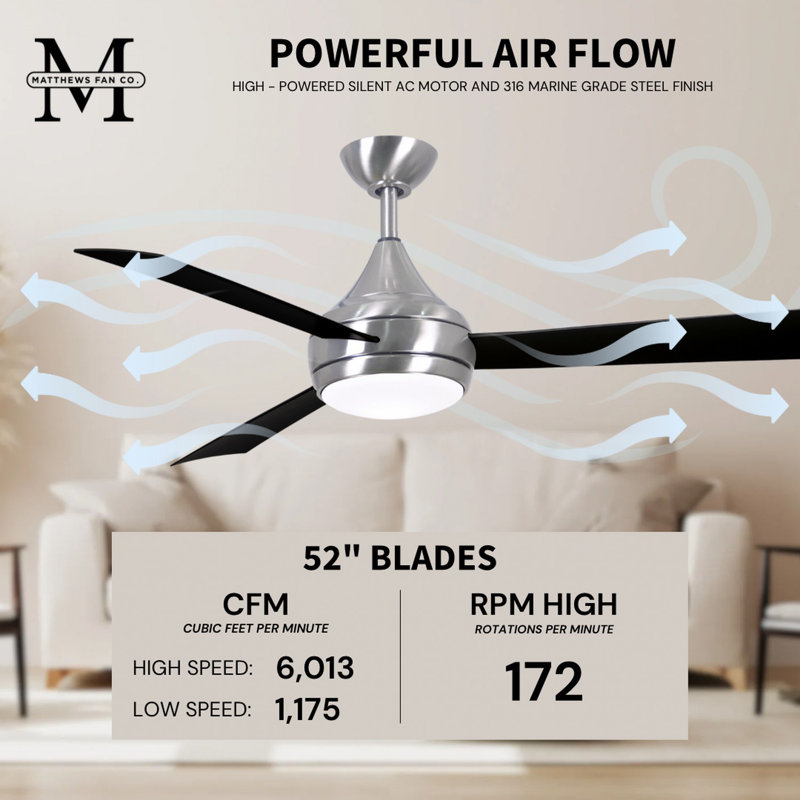 Donaire LED Outdoor Downrod Ceiling Fan, Brushed Stainless, Matte Black