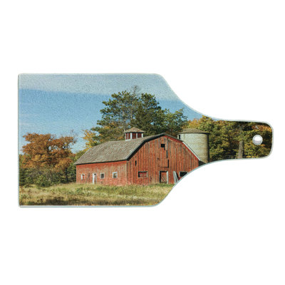 Ambesonne Abandoned Tempered Glass Cutting Board Old Barn Silo with Trees Multicolor