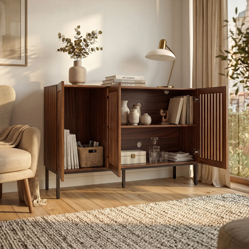 120cm Modern Walnut Buffet Cabinet with Slatted Doors & Storage Shelves