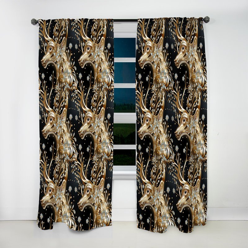 Black Gold Deer Animal Marble Pattern - Abstract Marble Curtain - Velvet Room Darkening - 1 Panel, 52" W x 120" L