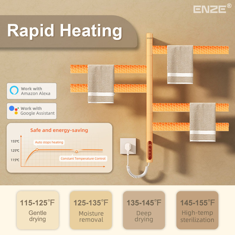ENZE Smart Rotating Heated Towel Rack for Bathroom, 5-Bar Wall-Mounted Electric Towel Warmer 120W with Swivel Bars, Wi-Fi App Control, 24H Timer, Stainless Steel, IPX5, Hardwired/Plug-in, White