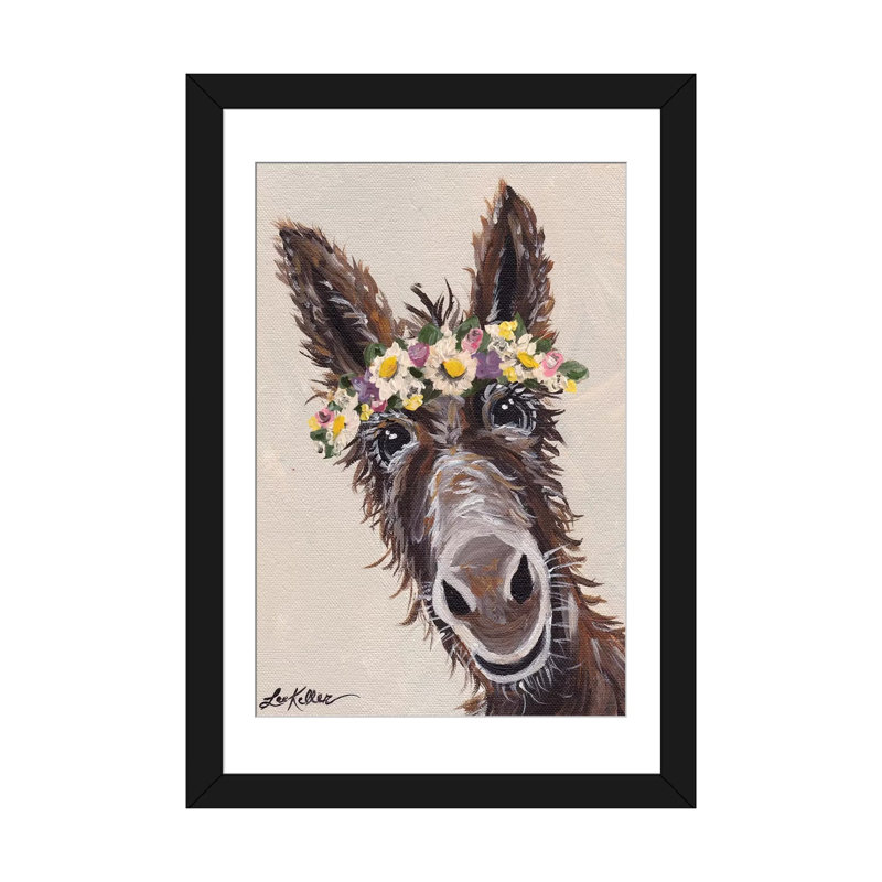 «Donkey with Flower Crown», impression sur toile, H 24 po x l 16 po x P 1 po, Papier d'art encadré noir