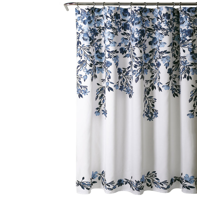 Navy and White Floral Polyester Shower Curtain