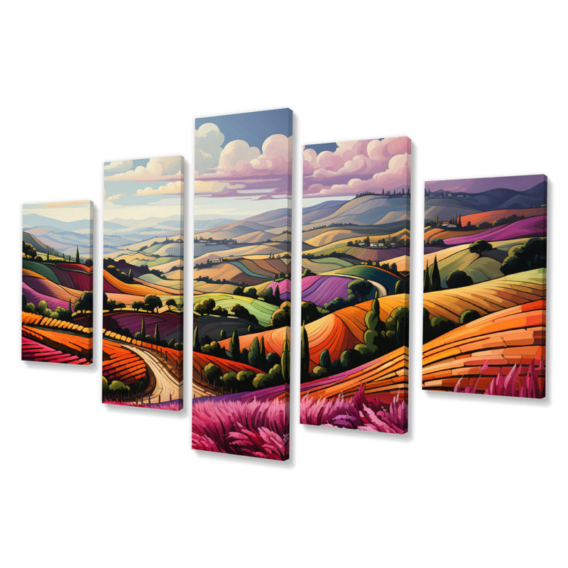 Rangées de rubis pourpre - orange, vigne et vignoble - 5 panneaux