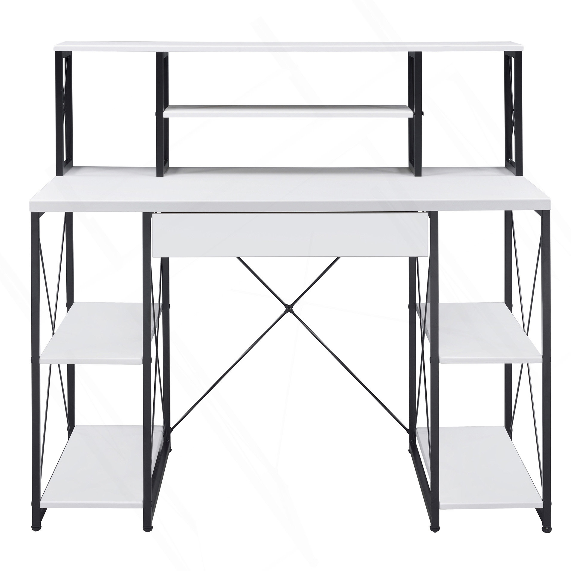 Latitude Run White And Black Office Desk With Open Shelves And Hutch latitude-run-white-and-black-office-desk-with-open-shelves-and-hutch