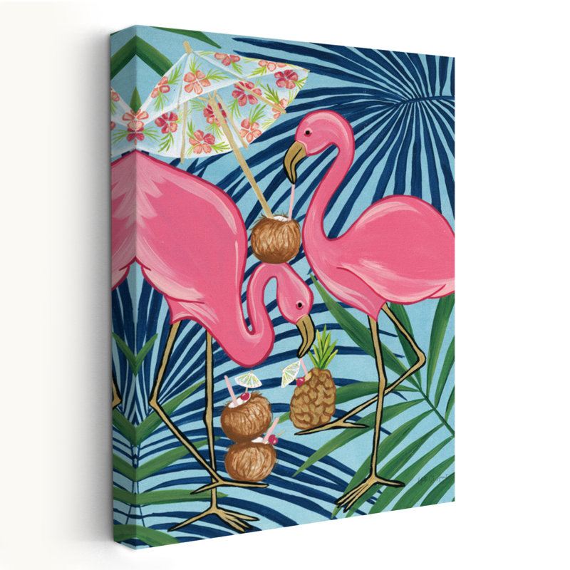 Flamant rose Happy Hour I - animaux, oiseaux, cocktails bleus, H 60 po x l 40 po