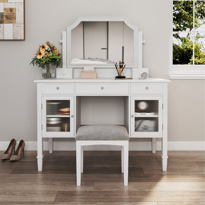 44.4" Makeup Vanity Desk With Large Adjustable Mirror, Dressing Table Set With Drawer & Cabinet, Space-Saving Beauty Station For Bedroom, White
