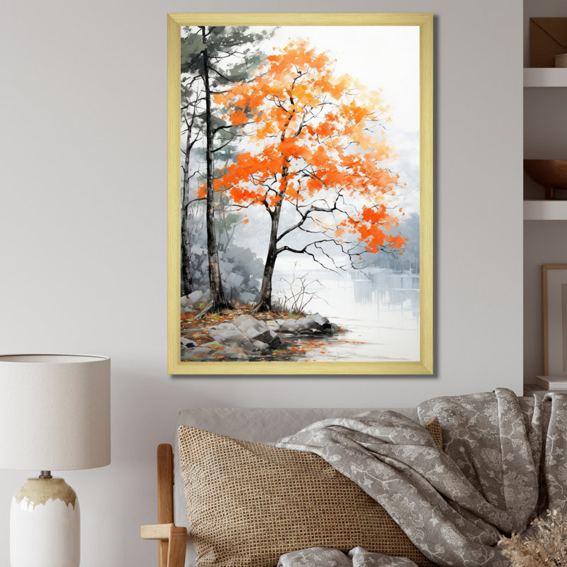 Orange et gris, forêt, automne, élégance I - art mural forêt, H 20 po x l 12 po x P 1 po, Cadre doré simple