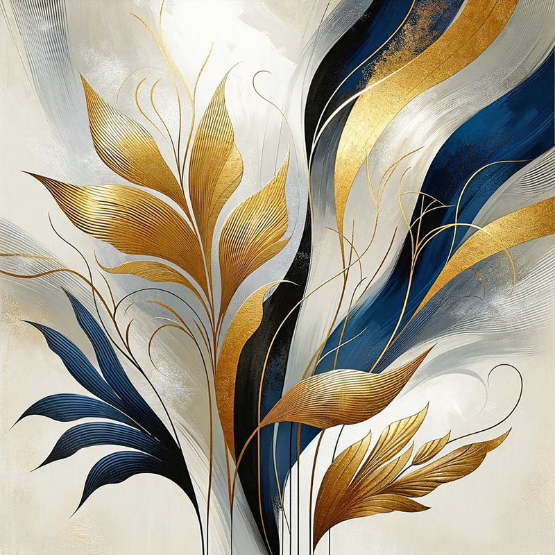 Sweeping Gold Botanica - Abstrait bleu marine et feuille d'or sur toile, H 20 po x l 20 po x P 1,5 po