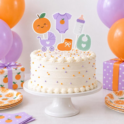 Décorations pour gâteaux « Petite Mignonne », décorations pour biberon en forme de carrosse orange et lavande, pics à gâteau en carton aux agrumes pour fête prénatale