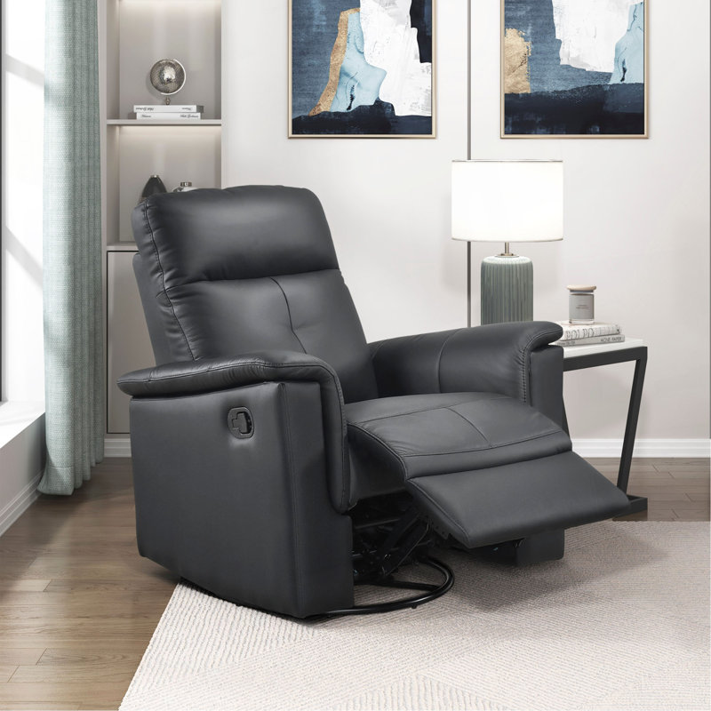 Leather Upholstered Swivel Glider Reclining Chair Luxury Living Room Furniture Comfort Chair 1Pc Plush Comfort, Black