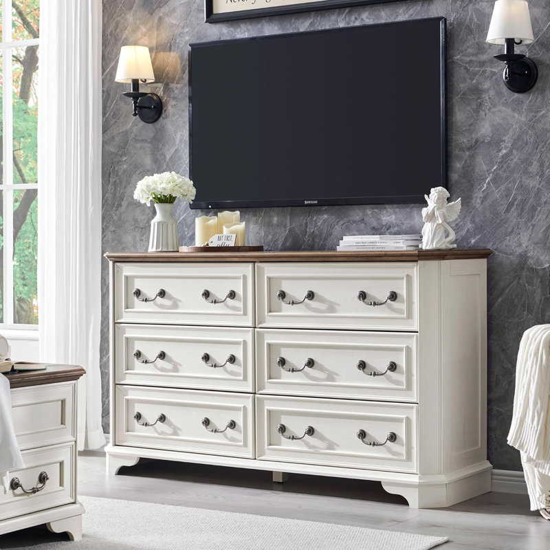 Commode en bois à 6 tiroirs Farmhouse, commode en bois massif, armoire de rangement pour chambre à coucher, Blanc antique