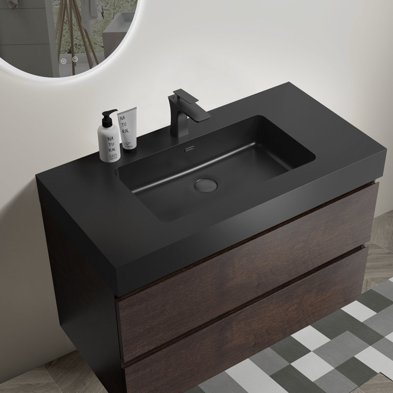 Ensemble de meuble-lavabo mural simple 35,80 po avec plateau Maare, Brun, Noir