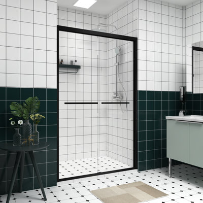 Porte de douche coulissante double de 76 po de hauteur avec poignée pour suspendre la serviette, cadre en aluminium noir, guide d'installation facile