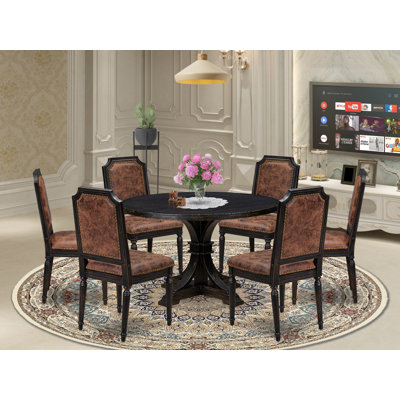 Ensemble de table de cuisine 7 pièces avec 6 chaises de cuisine en polyester texturé brun, haut dossier et une table de cuisine au fini noir sablé.