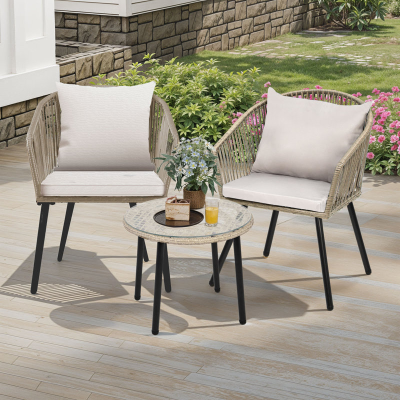 3-Piece Wicker Cushioned Patio Bistro Set, Gray
