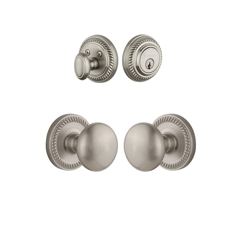 Ensemble d'entrée complet Newette Rosette avec pêne dormant cylindrique simple et bouton Fifth Avenue, Nickel satiné