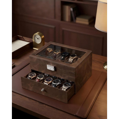 Boîte à montre, boîte de rangement pour montre 20 pièces, avec un grand couvercle en verre, un coussin amovible et une serrure en métal. Cadeau pour la fête des pères. Cuir synthétique brun café, doublure brun café.