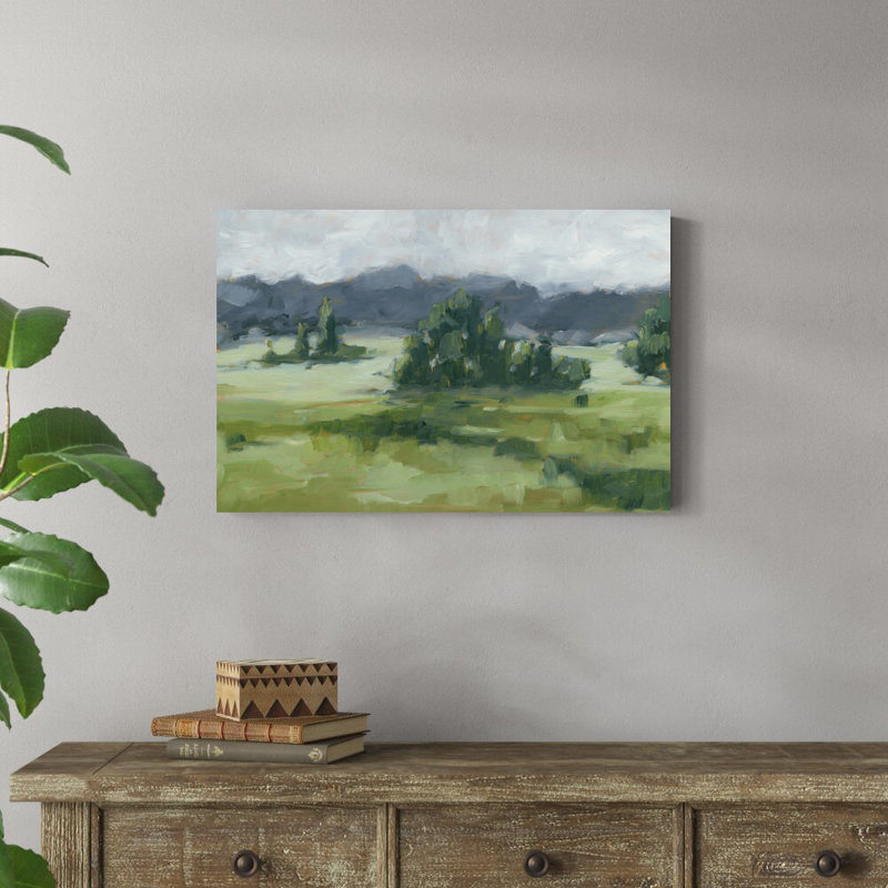 «Misty Green Valley II» par Ethan Harper - peinture sur toile tendue, H 20 po x l 30 po