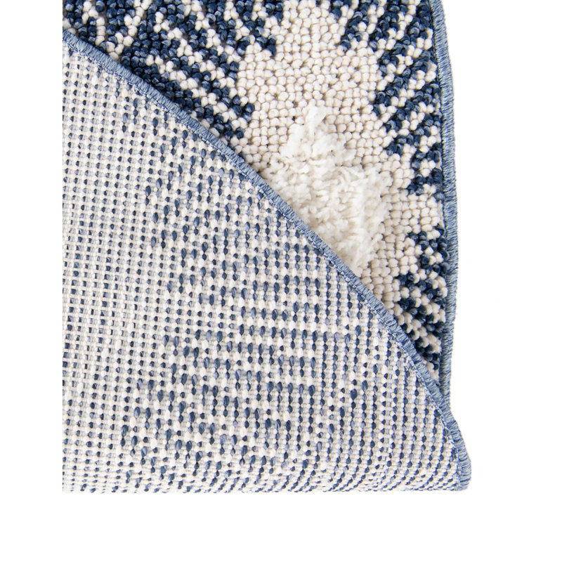 Tapis de couloir géométrique bleu en polyester tissé à la machine 2 pi 7 po x 12 pi, Rond 3 pi 3 po