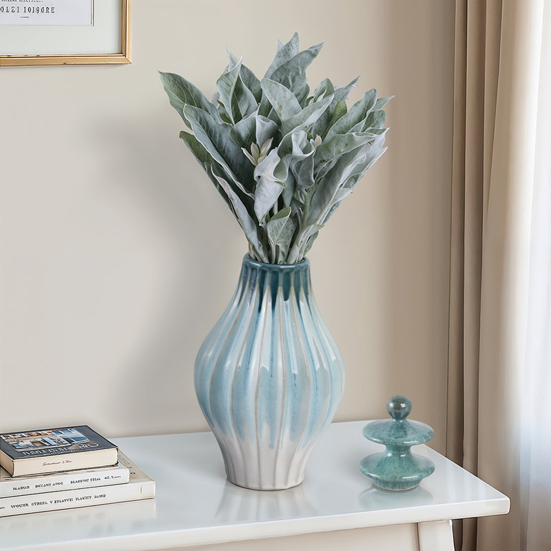 Stoneware Ceramic Decorative Jar with Lid Textured Modern Accent Piece for Home Decor., Green, Overall Height - 15"