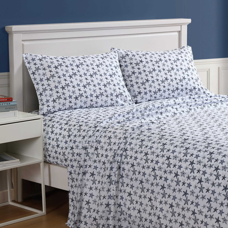 Ensemble de draps bleu Nautica, Ensemble de draps pour grand lit avec 2 taies d'or, Étoiles de mer salées - bleu