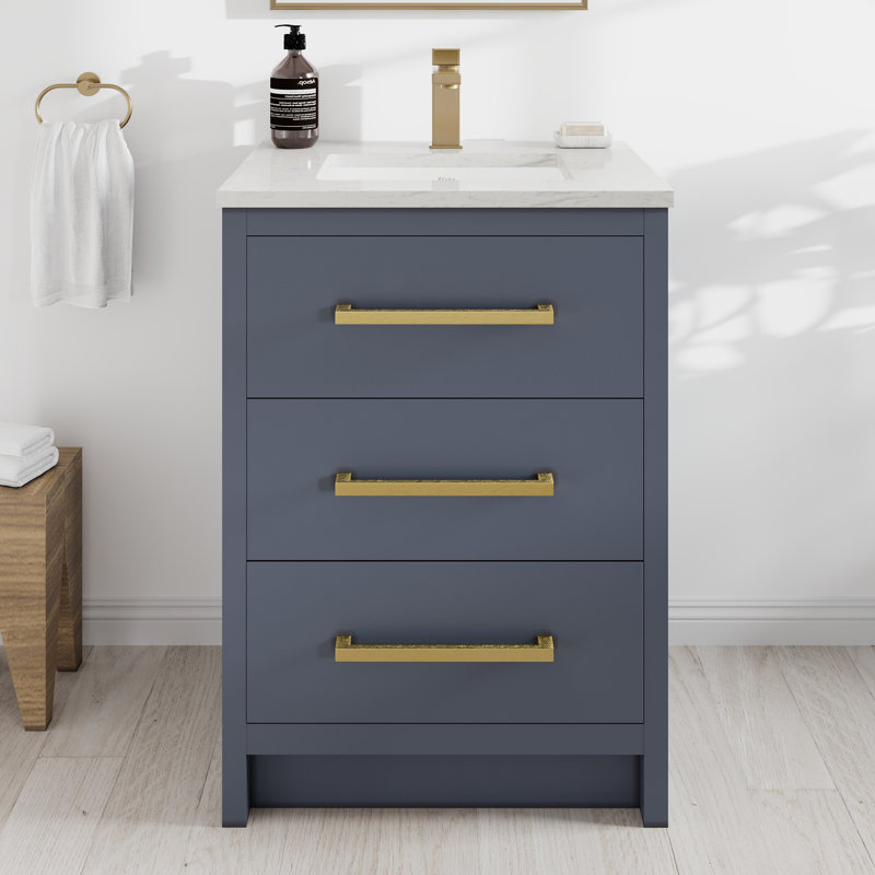 Ilsa 24"W X 18"D Bathroom Vanity With White Carrara Quartz Countertop And Undermount Porcelain Sink, Dark Blue