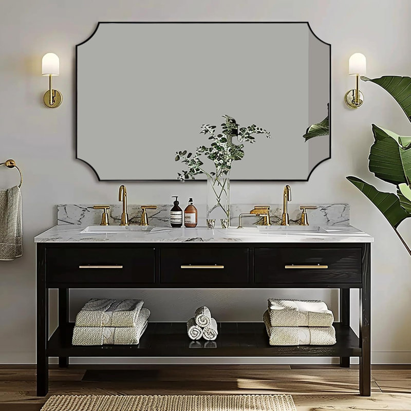Tariro Contemporary Notched Corner Scalloped Rectangle Bathroom Vanity Mirror | Stainless Steel Frame, Matte Black, 48" x 30"