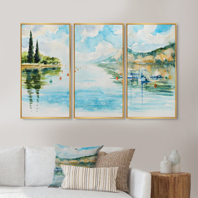 Vue sur le lac de Garde et les montagnes - Ensemble d'art mural sur toile traditionnel encadré de 3