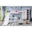 Lit mezzanine / lit superposé simple en métal avec panier de basketball, anneaux de traction, mur d'escalade et étagères intégrées. Conception ludique pour enfants avec glissade, blanc-129123777
