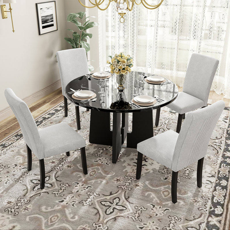 Ensemble de table de salle à manger 5 pièces avec chaises rembourrées, panneau de fibres à densité moyenne durable et placage de marbre, confortable et élégant