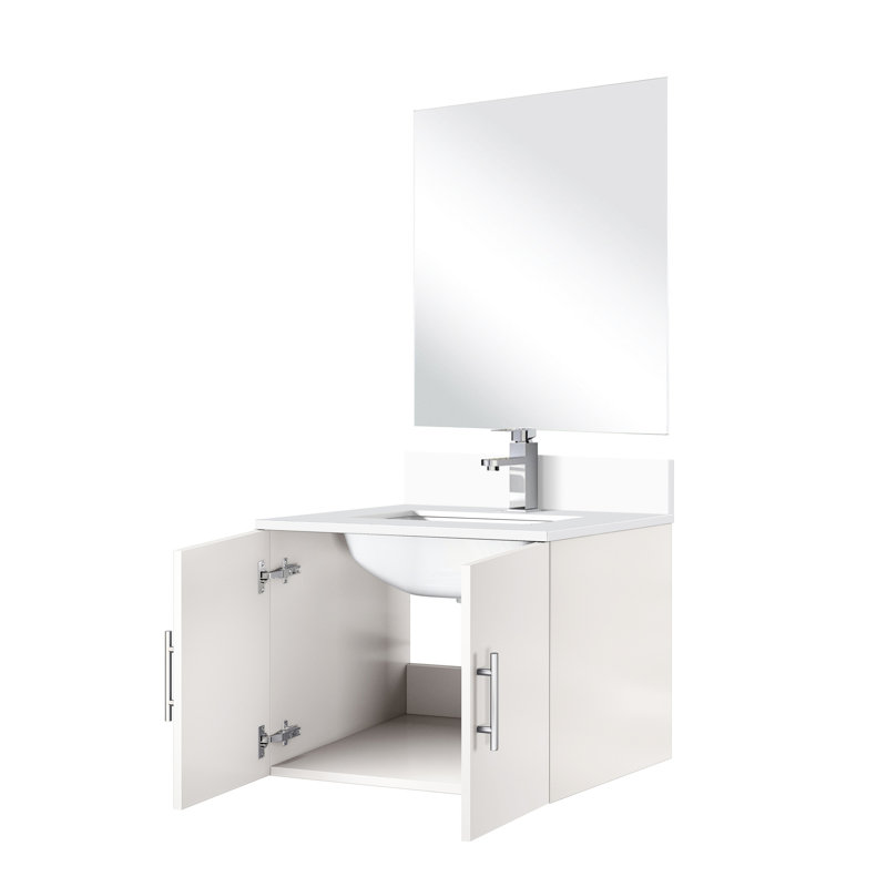 Meuble-lavabo de salle de bain blanc brillant 24 po x 22 po, comptoir en quartz, miroir de 18 po, robinet à rayures
