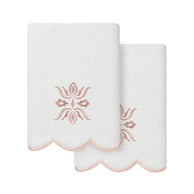  100% Turkish Cotton FLOWER CREST Scallop 2PC Embellished Hand Towel Set