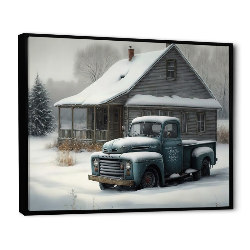 «Old Truck at the Barn in Winter IV», peinture sur toile, Toile avec cadre flottant noir, H 12 po x l 20 po x P 1 po