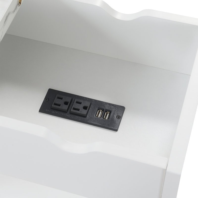 Gerde End Table and Built-In Outlets, White Faux Marble/White