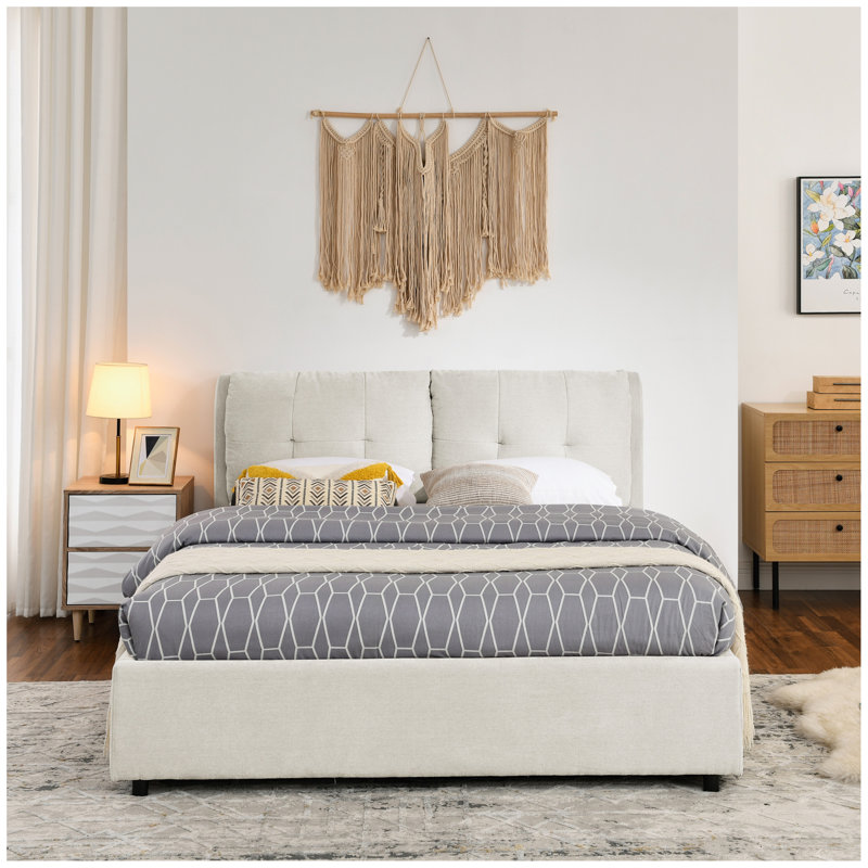 Grand lit plateforme tapissier hydraulique avec tête de lit intégrée, tissu chenille, beige