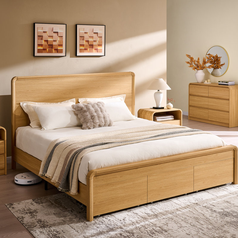 Base de lit très grand Maud avec tête de lit de 50 po de hauteur, cadre de lit plateforme en bois avec pied de lit courbé de 18,86 po et 3 grands tiroirs de rangement, aucun sommier tapissier nécessaire