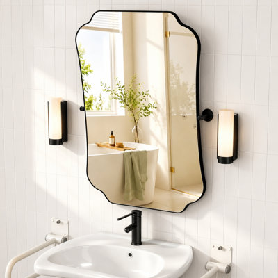 20" W X 30" H Matte Black Wavy Mirror ADA Friendly Adjustable Mirror Stainless Steel Framed 5°- 8° Tilt Wall Bathroom Vanity Mirror Tempered Glass Wall Mounted Contemporary Accessible Bathroom Mirror