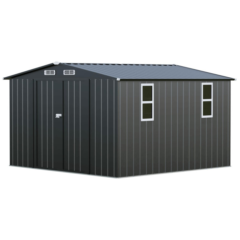 Remise de rangement extérieure 10 'x 10' avec fenêtres, remise à outils de jardin en métal galvanisé, Noir