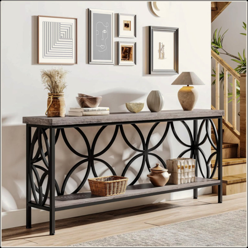 Extra Long Industrial Console Table, Narrow Sofa Table Behind Couch With Open Storage Shelves, Rustic Entryway Table For Hallway, Foyer, Or Living Room, Metal Frame
