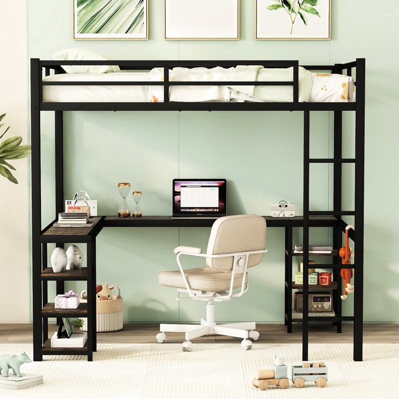 Lit mezzanine en métal avec bureau - Stabilité et dans la chambre à coucher, revêtement rouille noir