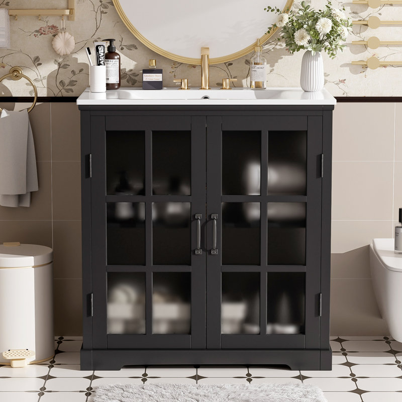 Meuble-lavabo moderne avec lavabo en céramique, Noir mat