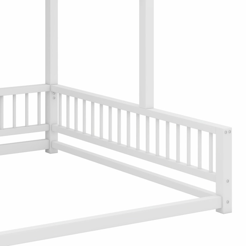 Floor Bunk Bed Frame With Ladder And Safety Guardrails, White, Twin Over Queen