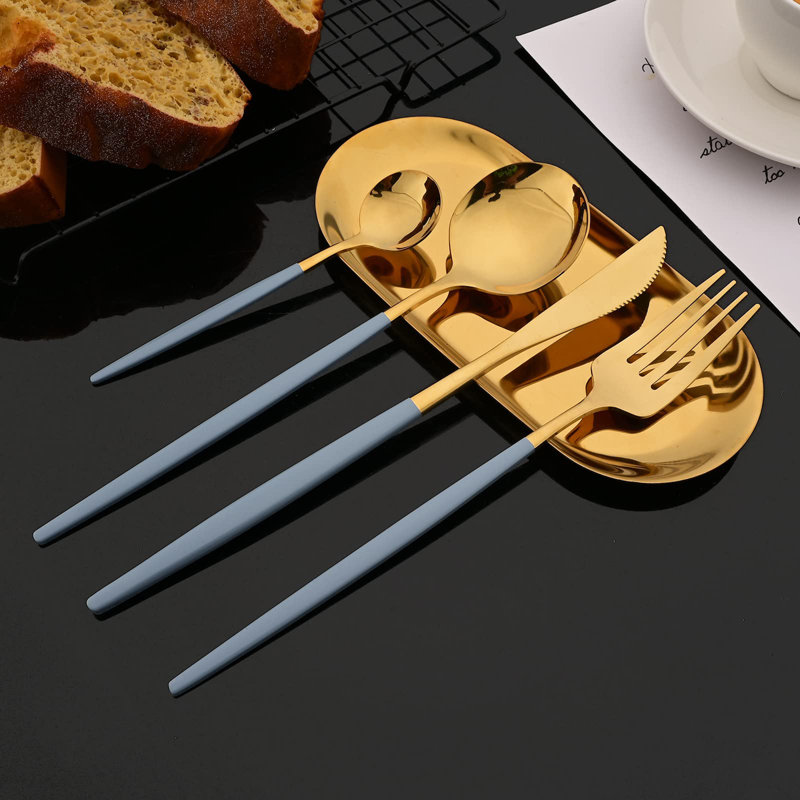 Flatware Serving Set 24 Piece, Haze Blue Gold